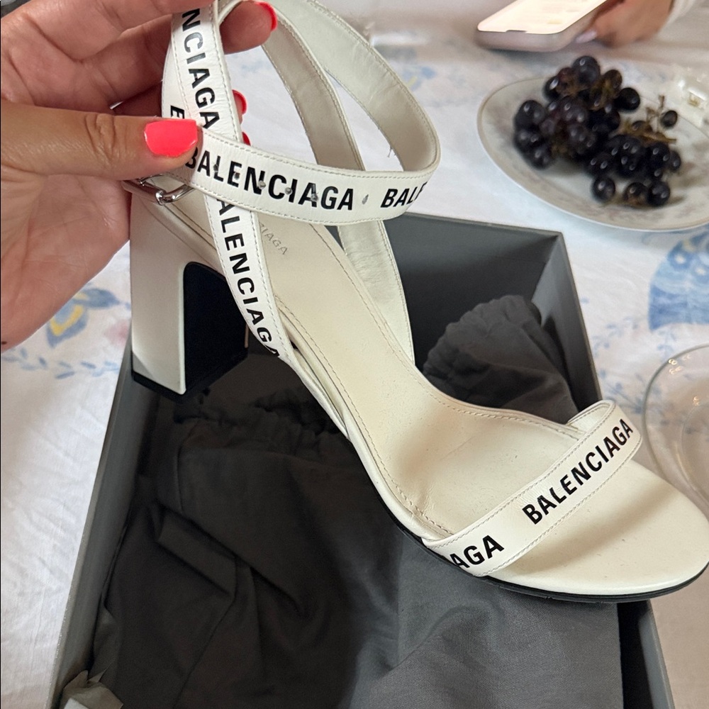 Balenciaga White Logo Strap Block Heel Sandals with Black Sole Edge